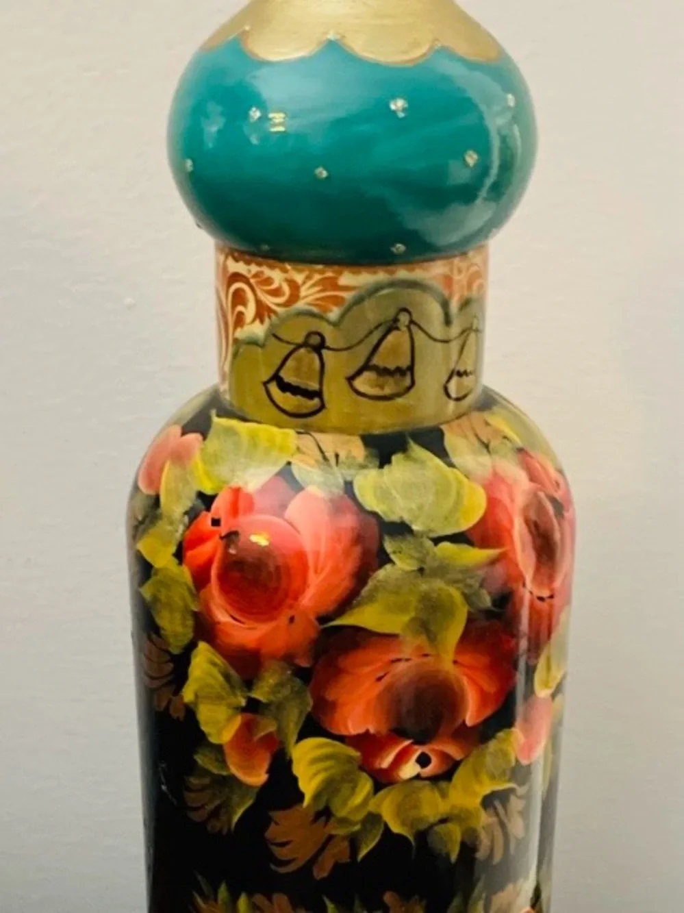 Vintage-Wine&Roses-Russian lacquered handmade wood vodka/wine bottle cover